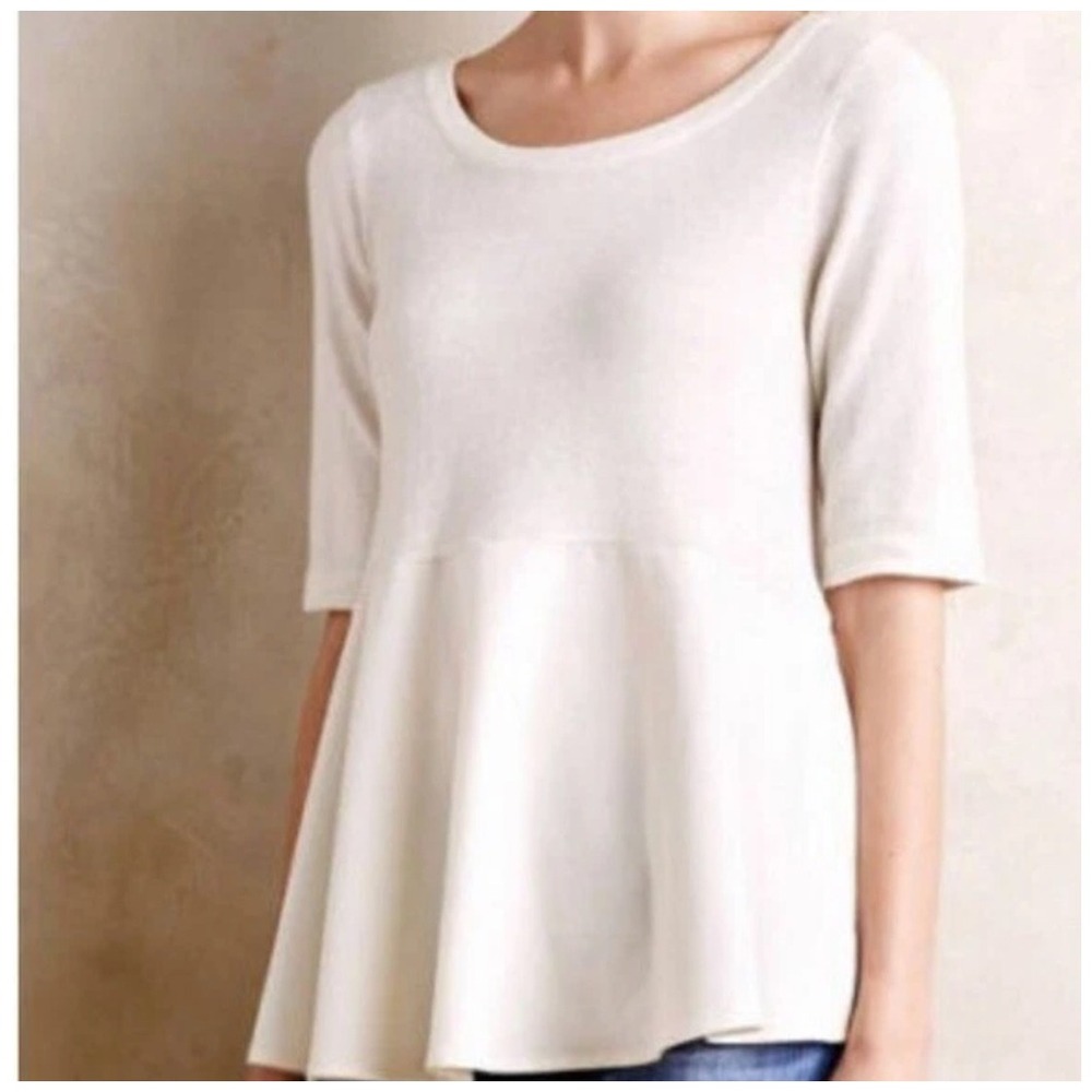 Moth Anthropologie Sweater‎ Women Small Ivory Knit Peplum Tie Back Short Sleeve